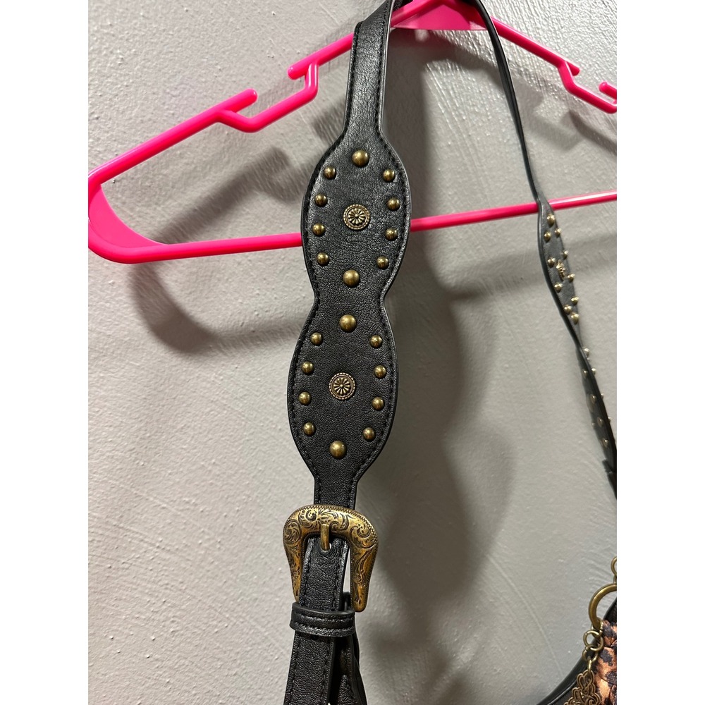 Jessica Simpson Black Studded Hobo Bag Western Scarf Charm Boho Shoulder Purse - Picture 4 of 6
